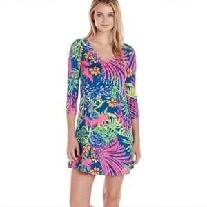 Lilly Pulitzer XXS Erin Dress Indigo All a Glow 3/4 Sleeves Floral V-Neck